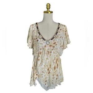 Y2K Women’s Beaded V-Neck Asymmetric Ruffled Trim Animal Print Tunic Top Size 16
